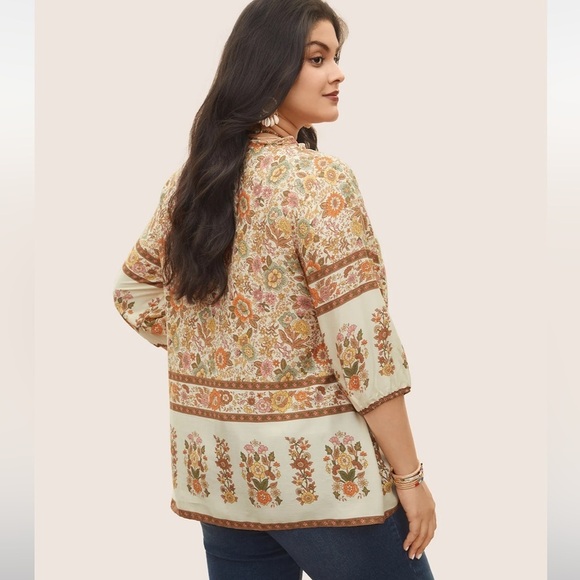 BloomChic Plus Size Rayon Boho Print Button Detail Tie Neck Blouse - Picture 2 of 6